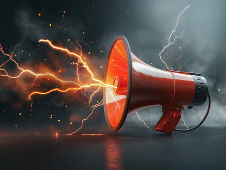 A megaphone enveloped by vivid lightning, representing powerful communication or announcement.の素材