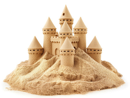 Intricate sandcastle with multiple towers isolated on a white background, symbolizing creativity and ephemeral art.の素材