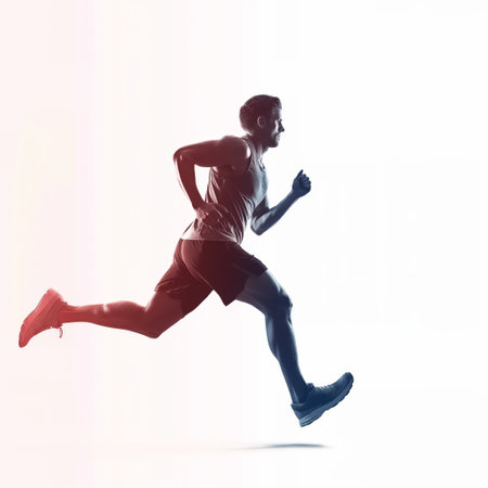 Silhouette of a male runner in dynamic sprinting posture with a gradient color effect.の素材