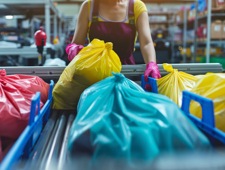 A person in a recycling facility separates colorful garbage bags on a conveyer belt for proper disposal.の素材