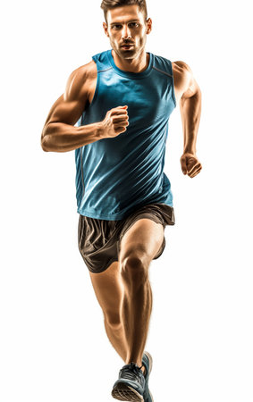 A focused male runner in sportswear mid-stride against a white background, highlighting motion and fitness.の素材