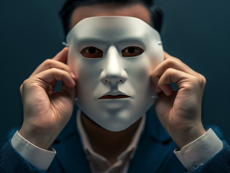 Close-up of a person holding a plain mask in front of their face, symbolizing disguise or hidden identityの素材