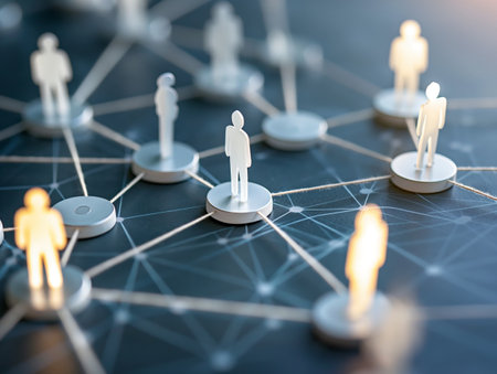 Paper cutout figures placed on a network grid, symbolizing human connections and social network.の素材