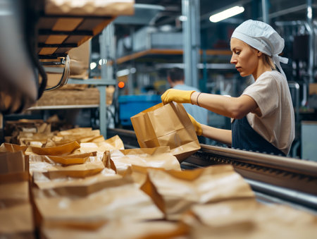 Worker in hygiene cap packaging goods on a conveyor belt in an industrial setting.の素材