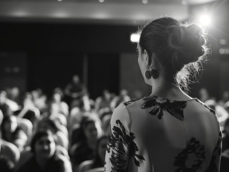 Rear view of a woman facing a blurred audience, conveying the concept of public speaking.の素材