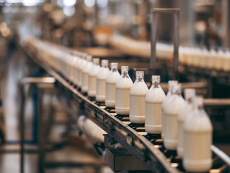 Rows of milk bottles on a conveyor belt, showcasing modern dairy production.の素材