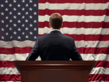 A man in a suit stands at a podium with the American flag in the background, symbolizing leadership and patriotism.の素材