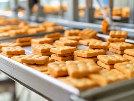 Freshly baked cookies on a factory conveyor belt, highlighting commercial baking processes.の素材
