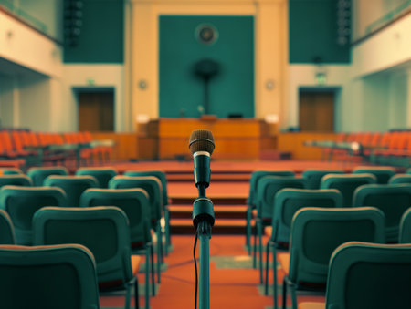 Focus on microphone with empty seats and podium in the background, symbolizing anticipation for an event or speech.の素材