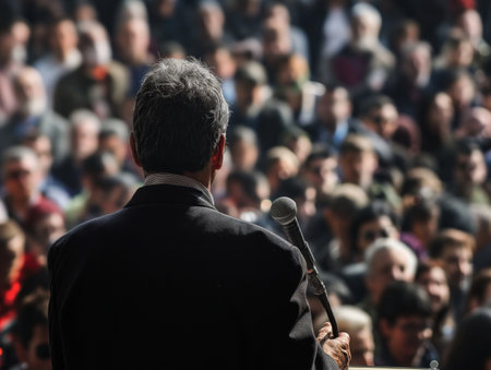 Rear view of a man speaking to an audience, holding a microphone, concept of leadership and public speaking.の素材