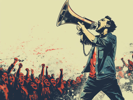 An illustrated scene showing a man passionately speaking into a megaphone with an excited crowd in the background.の素材