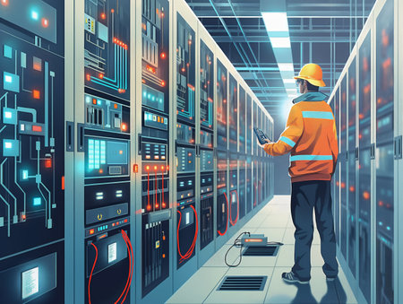 A technician in safety gear inspects server equipment in a modern data center.の素材