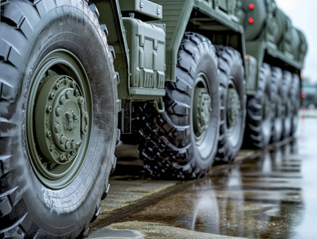 Row of military trucks showcasing wheels and tires lined up on wet ground.の素材