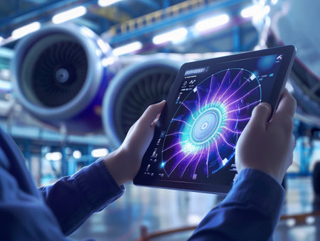 Person holding a tablet with futuristic hologram display against jet engines, symbolizing high-tech maintenance.の素材