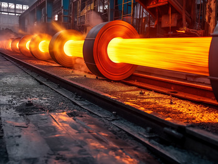 Glowing hot steel being rolled in a heavy industrial setting, signifying manufacturing processes.の素材