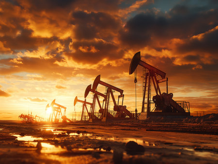 Oil pumps and drilling rigs silhouette against a stunning sunset sky reflecting on wet ground.の素材