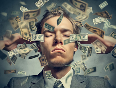 Man meditating in a rain of money, symbolizing financial success and peace of mind.の素材