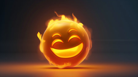 A glowing, fire-like smiley face emoticon on a dark background emits warmth and represents burning passion or intense happiness.の素材