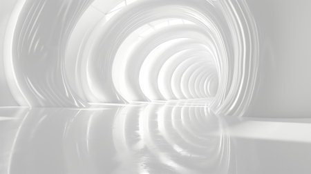 Abstract curved white tunnel corridor with reflective floor creating a sense of infinity.の素材