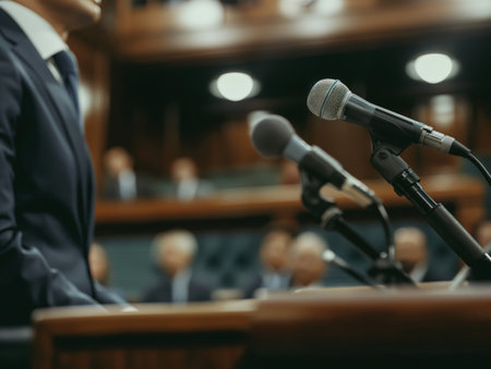 A person in a business suit standing behind microphones, expressing leadership and communication at a formal assembly.の素材