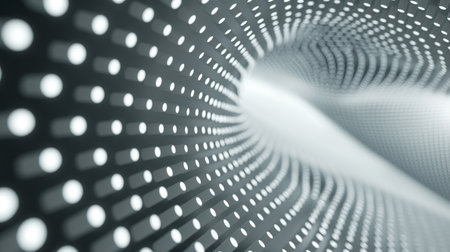 A futuristic monochrome image of a wavy mesh pattern with glowing circular elements creating a sense of motion.の素材
