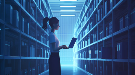 A woman analyzing data on a laptop in a futuristic digital archive illuminated by cool blue light.の素材