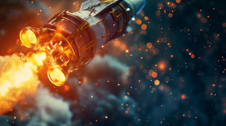A spacecraft with fiery engines propelling it through a starlit cosmos.の素材