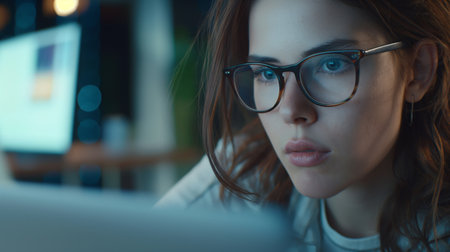 Close-up of a young woman wearing glasses, deeply focused on her computer screen in a dimly lit work environment.の素材