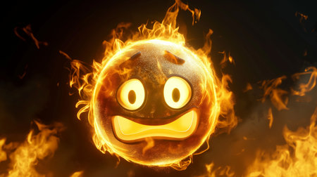 A fiery emoticon engulfed in flames against a dark background, symbolizing intense emotions.の素材