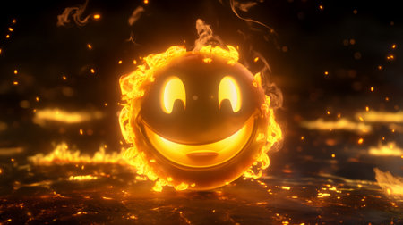 Digital art of a glowing, fiery smiley face against a dark, ember-filled background, symbolizing intense emotions or ideas.の素材