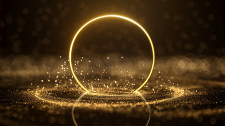 Golden glowing circle with sparkling particles and bokeh on a dark backdrop, creating a mystical atmosphere.の素材