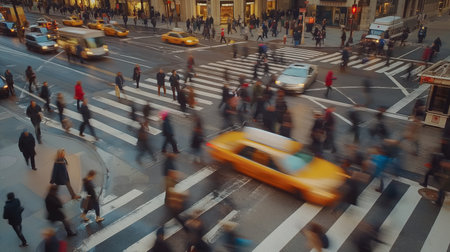 Elevated view of pedestrians crossing a busy city street with motion blur, capturing the pace of urban life.の素材