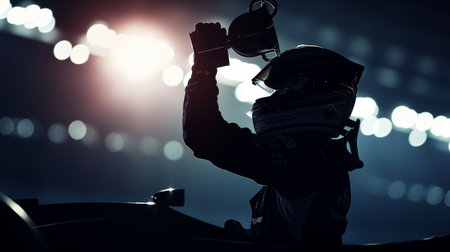 Silhouette of a racing car driver with helmet on, holding a trophy aloft in a victorious gesture against a backdrop of bright lights.の素材