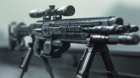 Close-up of a modern tactical assault rifle with attached scope, pictured in a rainy environment, symbolizing military precision and readiness.の素材