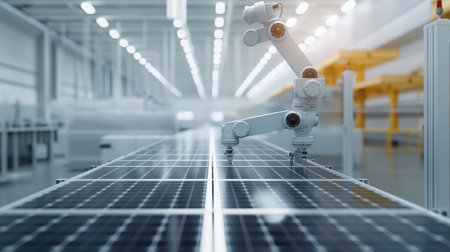 Industrial robot arm working on a production line of solar panels, showcasing automation in renewable energy sector.の素材