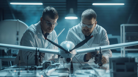 Two engineers in a lab focus attentively on assembling a drone, embodying innovation and teamwork in tech development.の素材