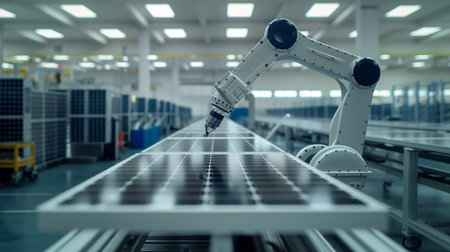Robotic arm assembly of solar panels on a production line, symbolizing automation in renewable energy sector.の素材