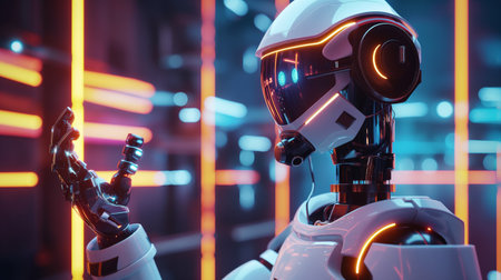 Advanced robot surrounded by vibrant neon illumination expressing modern technology.の素材