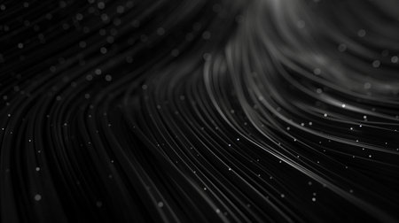 Elegant monochrome background with swirled glossy black waves and twinkling white sparkles suggesting movement and luxury.の素材