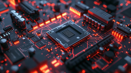 Close-up of a high-tech motherboard with glowing red lights, showcasing modern computing technology.の素材
