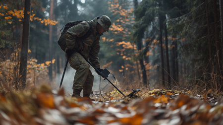 A person in military-style clothing uses a metal detector in a misty forest during autumn, searching the ground for discoveries.の素材