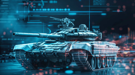 A modern, heavily armored tank with futuristic enhancements depicted in a virtual battlefield environment, showcasing military technology.の素材