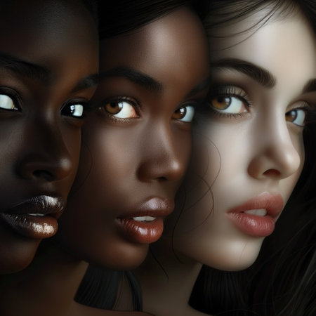 Close-up of two women with contrasting skin tones symbolizing beauty in diversity.の素材