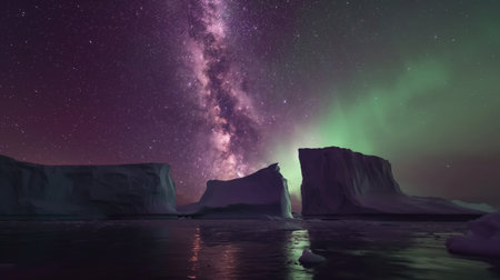Majestic view of icebergs under the colorful night sky painted with the northern lights and Milky Way.の素材