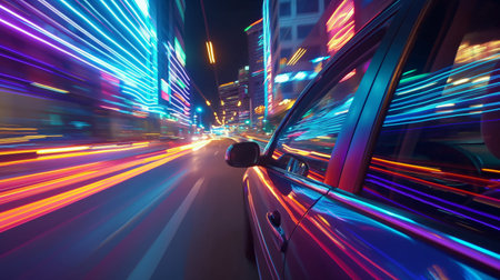 Dynamic view from a moving car with colorful streaks of urban lights, capturing the essence of motion in a busy city at night.の素材