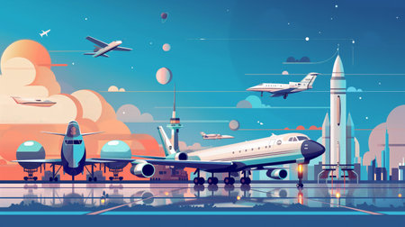 Stylized illustration showing a busy airport with planes, a control tower, and a spacecraft at sunset.の素材