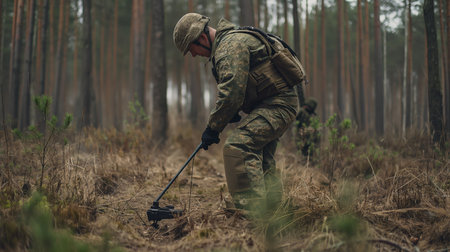 Military personnel in camouflage using a metal detector to sweep the ground in a dense forest setting.の素材