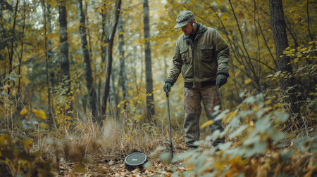 Man with metal detector searching for treasures in the colorful autumn woods.の素材