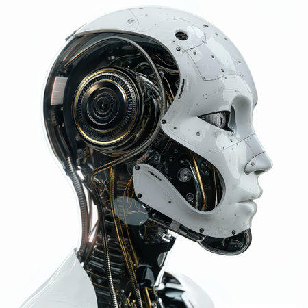 Profile view of a humanoid robot head with intricate internal mechanics, symbolizing advanced technology.の素材