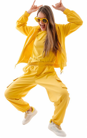 Energetic young woman in vibrant yellow outfit and sunglasses dancing, expressing happiness and fun.の素材